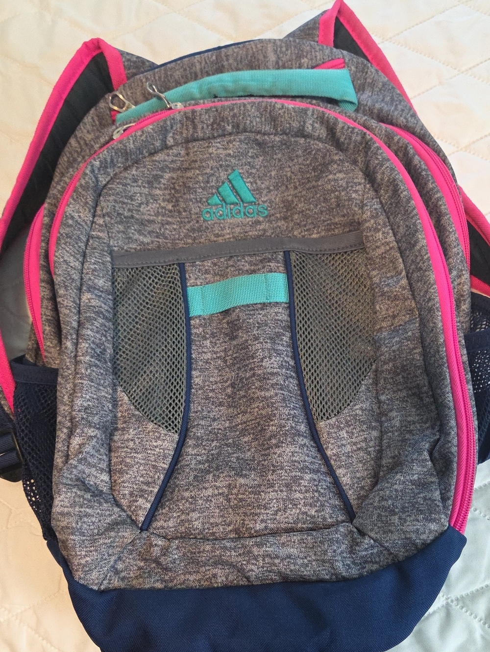 adidas Heather Gray Backpack with Pink and Teal Accents